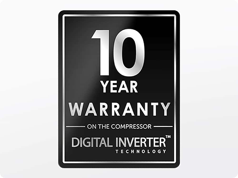 The image features a 10-year warranty on the compressor, which is part of the Digital Inverter Technology. The warranty is a symbol of the company's commitment to quality and reliability.