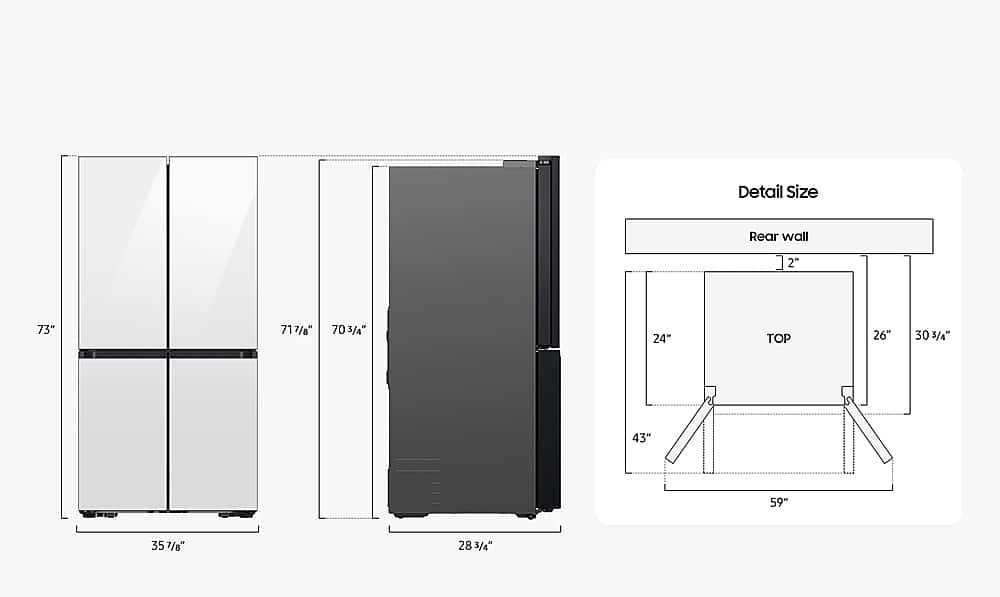 The image shows a detailed size chart for a full-size refrigerator, with measurements for various parts of the appliance. The chart includes the dimensions of the refrigerator, such as the height, width, and depth. The measurements are provided in inches, making it easy for customers to compare different models and ensure they have enough space for the refrigerator in their home. The chart also includes the height of the top, the width of the rear wall, and the depth of the refrigerator, providing a comprehensive understanding of the appliance's dimensions.