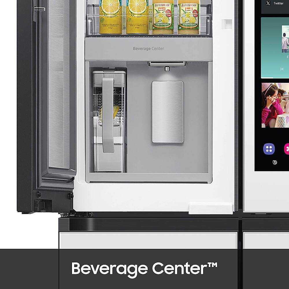 The image features a large refrigerator with a door open, revealing a Beverage Center inside. The refrigerator is filled with various drinks, including multiple bottles of juice and water. The drinks are organized neatly, making it easy for users to access their preferred beverages. The refrigerator is designed to store and chill drinks, providing a convenient and efficient way to keep beverages cold and fresh.