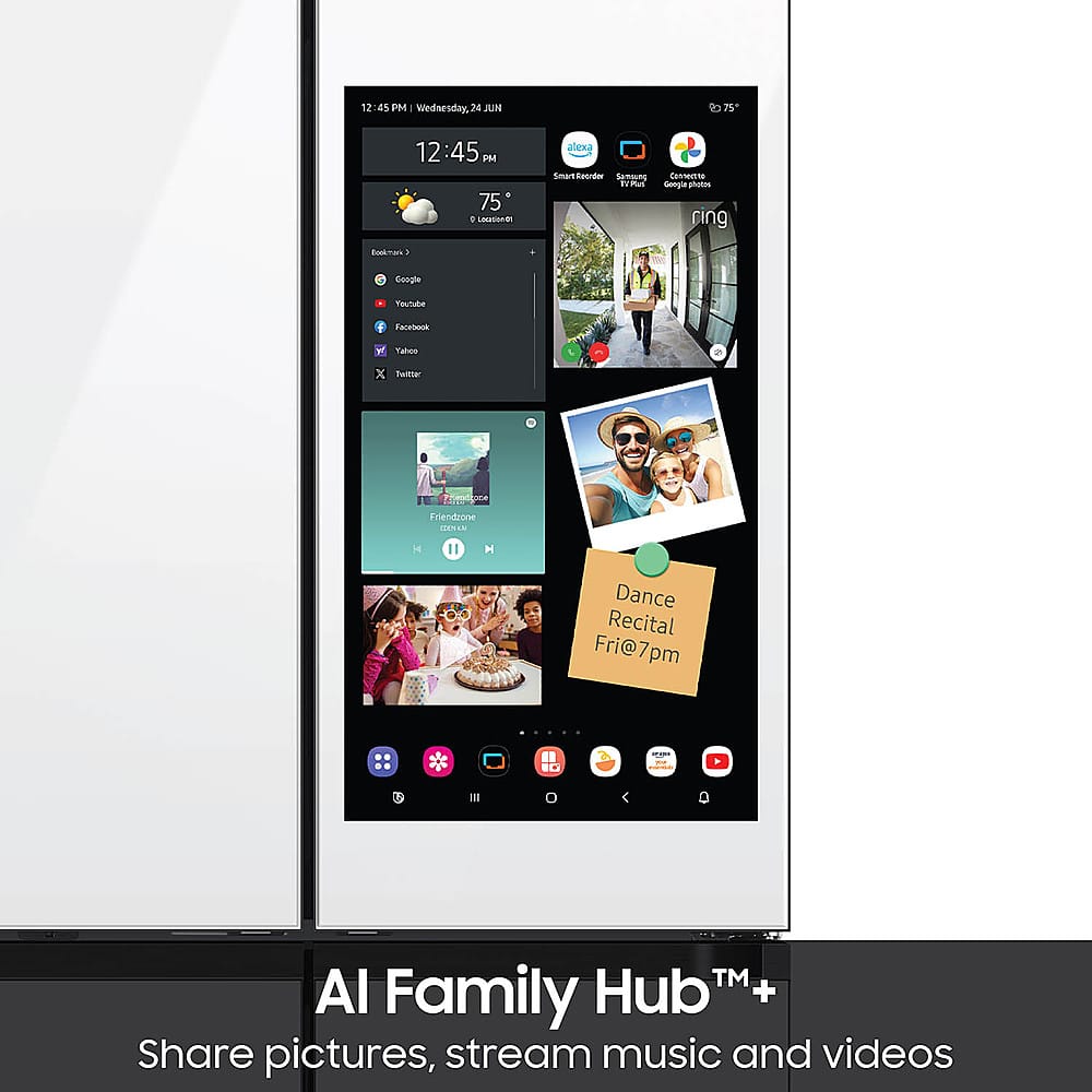 The image showcases a large screen, likely a refrigerator, displaying a variety of content. The screen features a weather app, a calendar, and a stream of music and videos. There are also several photos displayed on the screen, including a picture of a couple. The image is advertising the Al Family Hub, which allows users to share pictures, stream music and videos, and access other useful features.