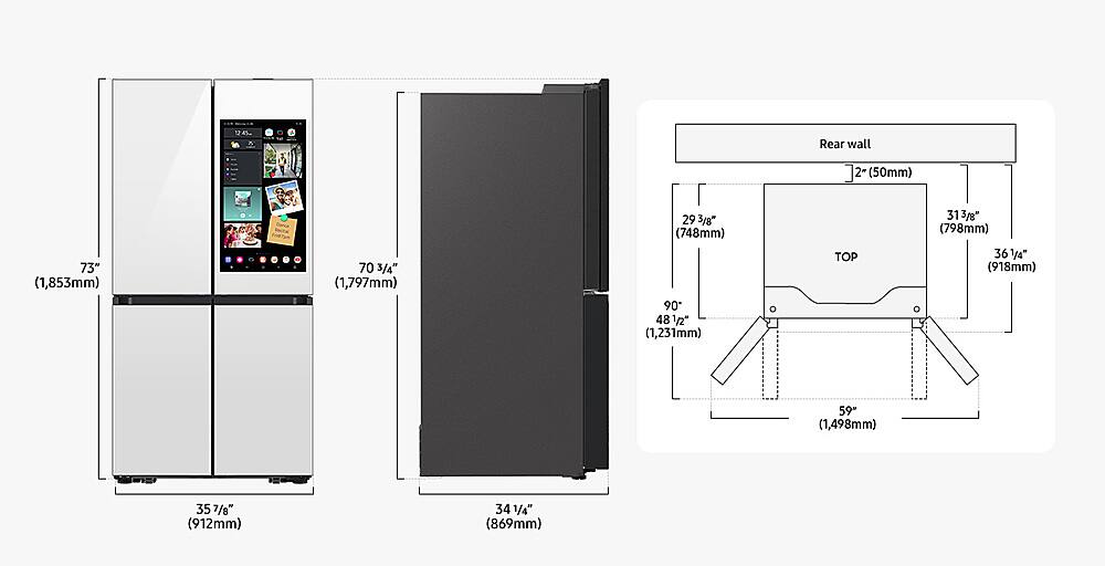 The image features a refrigerator and a freezer, both of which are part of a full-size refrigerator. The refrigerator is located on the left side of the image, and the freezer is positioned on the right side. The refrigerator is 70 3/4" (1,797mm) tall, while the freezer is 73" (1,853mm) tall. The refrigerator is 31 3/8" (798mm) wide, and the freezer is 36 1/4" (918mm) wide. The refrigerator is 59" (1,498mm) tall, and the freezer is 35 7/8" (912mm) tall. The refrigerator is 34 1/4" (869mm) wide, and the freezer is 35 481 1/2" (1,231mm) tall.
