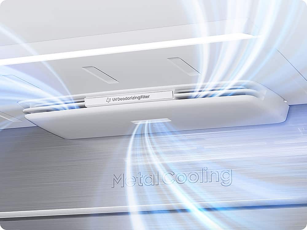 The image features a white appliance with a deodorizing filter and a UV metal cooling system. The appliance has a sleek design and is likely used for cooling purposes.