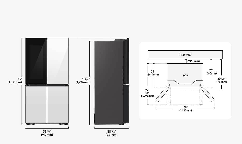 The image features a refrigerator with a black door and a white frame. The refrigerator is described as a full-size refrigerator, and it is accompanied by a diagram and measurements. The measurements include the height, width, and depth of the refrigerator. The diagram provides a visual representation of the refrigerator's dimensions, making it easier for potential buyers to understand the size and layout of the appliance.