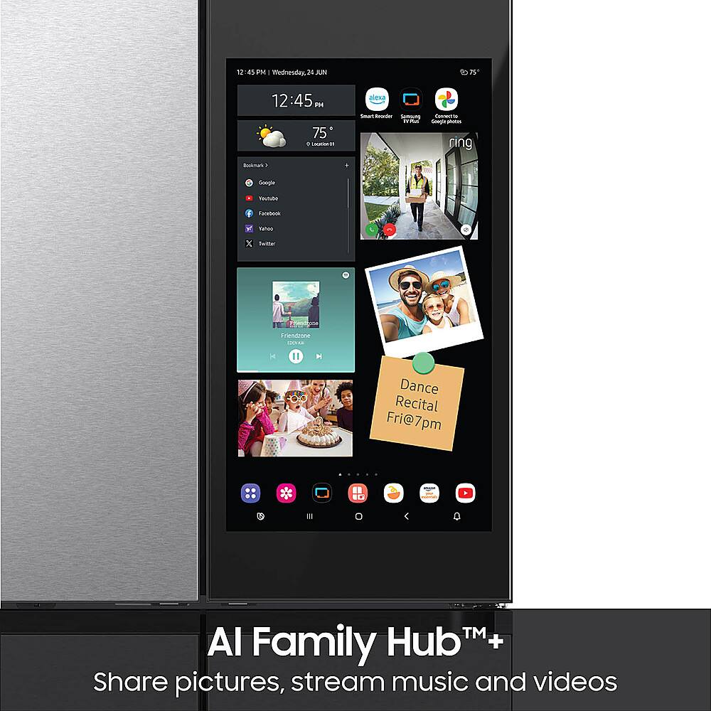 The image features a large screen with a variety of content displayed, including photos, videos, and music. The screen is likely part of a refrigerator, as it is described as a "Family Hub." The content on the screen is organized in a way that allows users to easily access and share pictures, stream music, and watch videos. The image showcases the modern and interactive nature of such smart refrigerators, which can enhance the user experience in the kitchen.