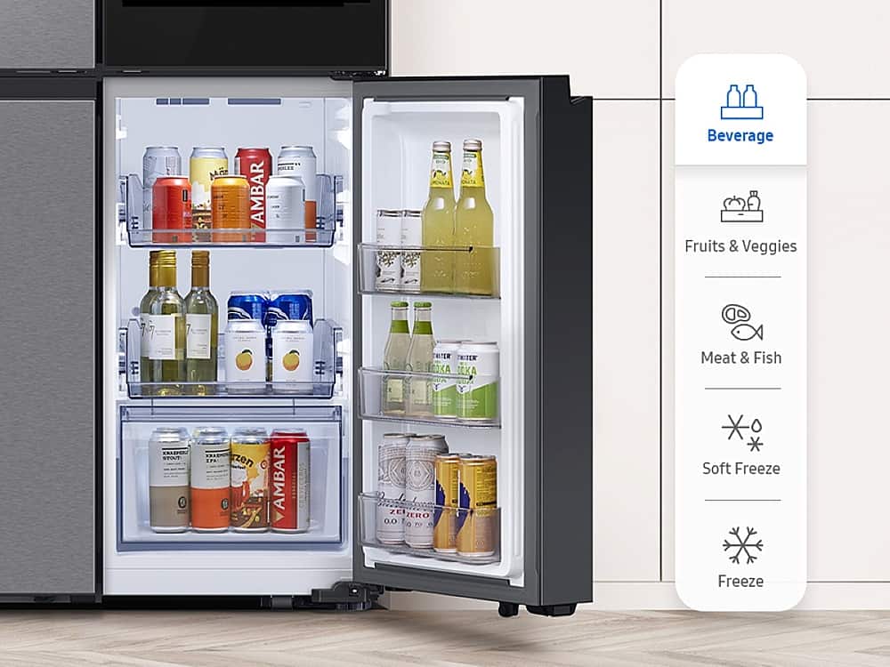 The image features a large refrigerator with its door open, revealing a well-stocked interior. The refrigerator is filled with various beverages, including multiple bottles of water, juice, and soda. There are also several fruits and vegetables stored inside, such as bananas, apples, and carrots. The refrigerator is designed to keep the food fresh and organized, making it a convenient and functional appliance for a household.