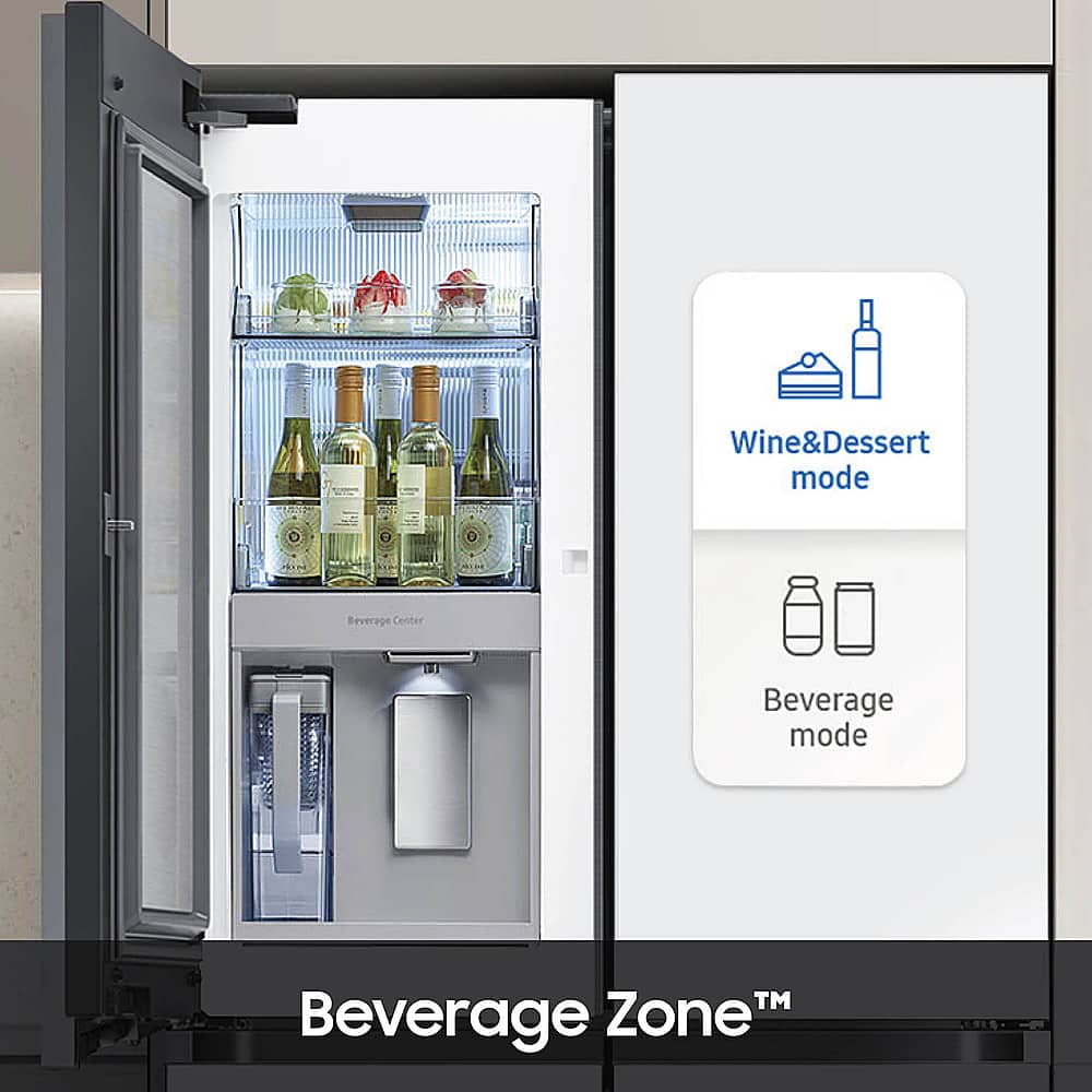 The image features a wine and dessert mode on a beverage center, which is part of the Beverage Zone. The beverage center has a refrigerator with a wine rack and a compartment for desserts. It also has a wine and dessert mode, which is indicated by the icon on the refrigerator door. The refrigerator is filled with various bottles, including wine bottles, and a cake. The Beverage Zone is designed to keep beverages and desserts at their optimal temperatures, ensuring that they remain fresh and enjoyable.