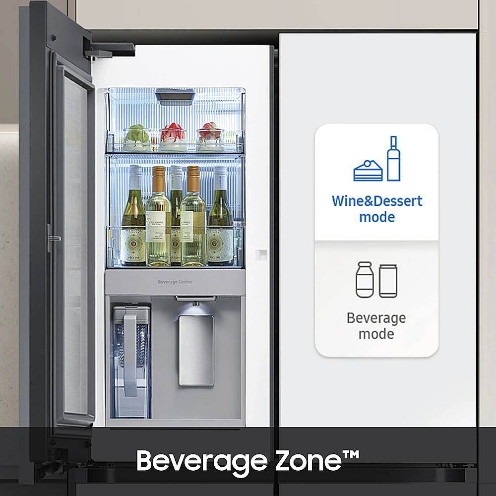 The image features a wine and dessert mode on a beverage center, which is part of the Beverage Zone. The beverage center has a refrigerator with a wine rack and a compartment for desserts. It also has a wine and dessert mode, which is indicated by the icon on the refrigerator door. The refrigerator is filled with various bottles, including wine bottles, and a cake. The Beverage Zone is designed to keep beverages and desserts at their optimal temperatures, ensuring that they remain fresh and enjoyable.