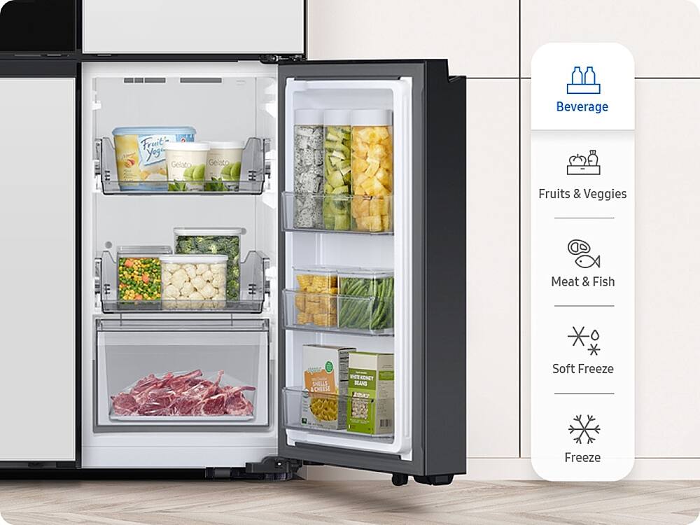 The image features a refrigerator with its door open, revealing a variety of food items inside. The refrigerator is stocked with several bottles, including a few placed on the top shelves and others on the middle and bottom shelves. There are also multiple bowls containing different food items, such as broccoli, placed throughout the refrigerator. The refrigerator is well-organized, making it easy to find and access the desired items.