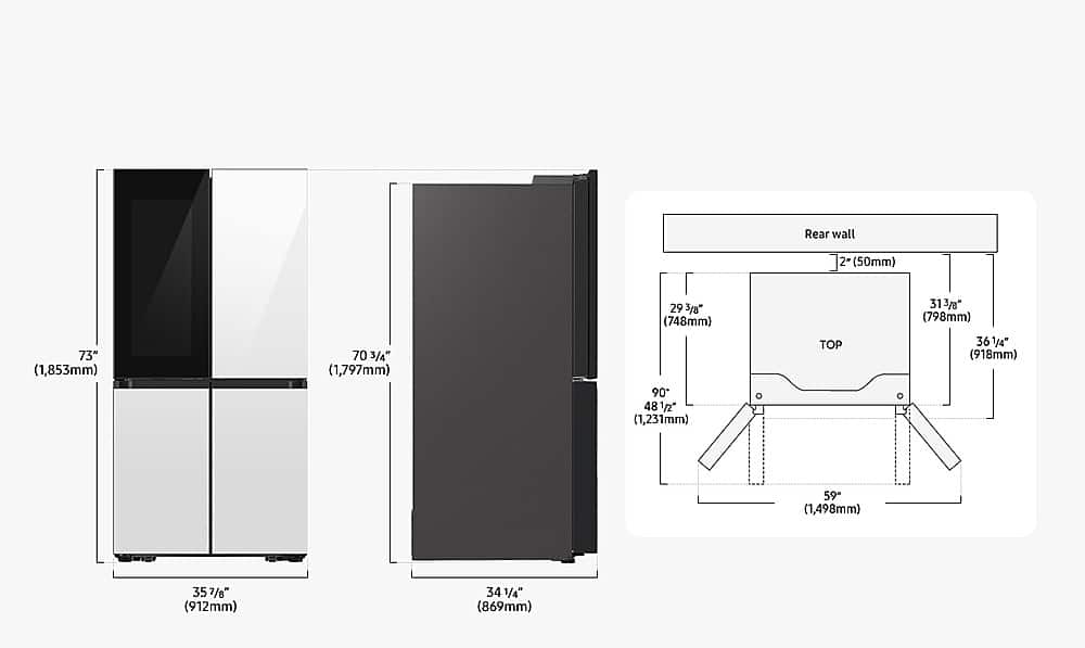The image features a full-size refrigerator with a white door and a black interior. The refrigerator is accompanied by a set of instructions, which include a diagram and measurements. The diagram shows the dimensions of the refrigerator, including its height, width, and depth. The measurements are provided in both inches and millimeters, making it easy for users to understand the specifications of the appliance.