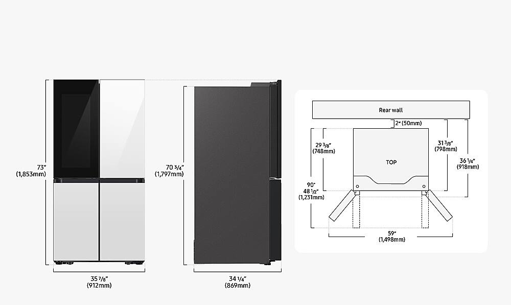 The image features a full-size refrigerator with a white door and a black interior. The refrigerator is accompanied by a set of instructions, which include a diagram and measurements. The diagram shows the dimensions of the refrigerator, including its height, width, and depth. The measurements are provided in both inches and millimeters, making it easy for users to understand the specifications of the appliance.