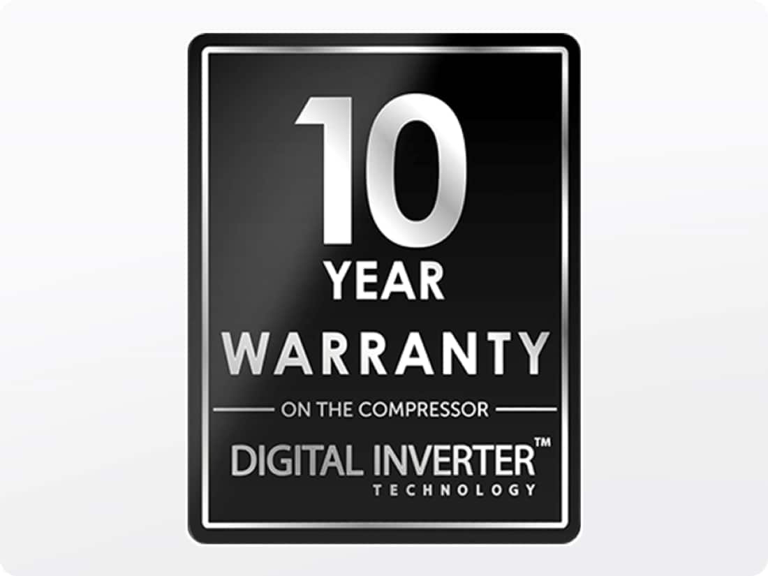 The image features a 10-year warranty on the compressor, which is part of the Digital Inverter Technology. The warranty is a symbol of the company's commitment to quality and reliability.