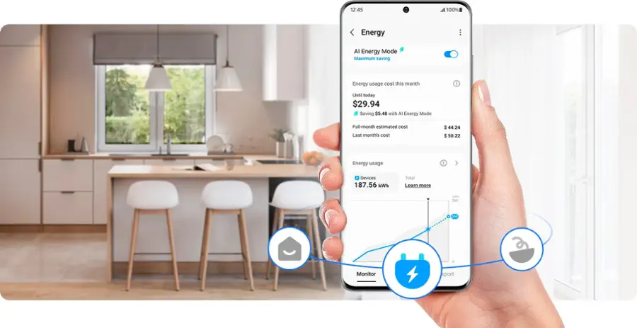 The image shows a person holding a cell phone with an app displaying information about energy usage and cost. The text on the screen reads "12:45 al 100% Energy Al Energy Mode Maximum saving Energy usage cost this month 1 Until today $29.94 Saving $5.48 with Al Energy Mode Full-month estimated cost Last month's cost $50.22 Energy usage i F Devices 187.56 kWh Total Learn more orams 240 200 Monitor eport." The text has been cleaned up and organized for better readability.
