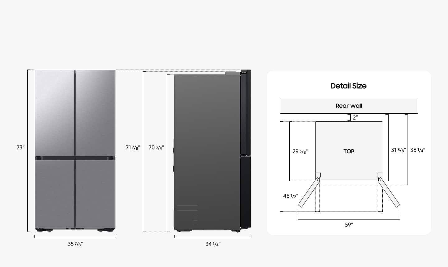 The image features a side-by-side refrigerator with a detailed size chart. The chart includes measurements for the refrigerator's height, width, and depth. The refrigerator is designed to fit in a space with a top height of 313/8 inches, a rear wall height of 73 inches, and a depth of 717/8 inches. The width of the refrigerator is 703/4 inches, and the height is 293/8 inches. The chart also provides measurements for the refrigerator's top, bottom, and sides, ensuring that it fits perfectly in the designated space.
