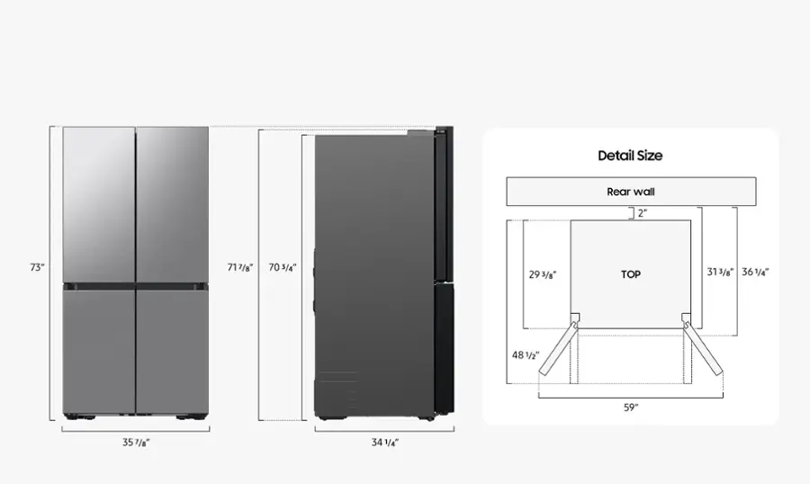 The image features a side-by-side refrigerator with a detailed size chart. The chart includes measurements for the refrigerator's height, width, and depth. The refrigerator is designed to fit in a space with a top height of 313/8 inches, a rear wall height of 73 inches, and a depth of 717/8 inches. The width of the refrigerator is 703/4 inches, and the height is 293/8 inches. The chart also provides measurements for the refrigerator's top, bottom, and sides, ensuring that it fits perfectly in the designated space.