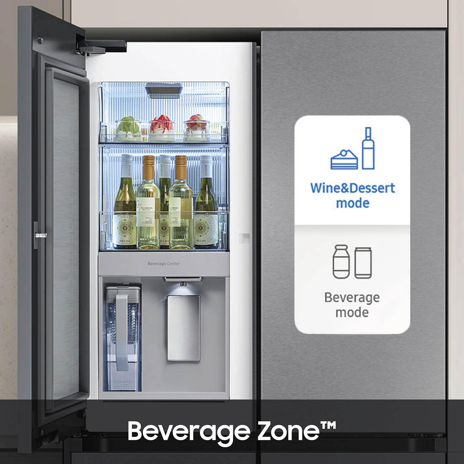 The image features a wine and dessert mode beverage center with a refrigerator door open, revealing a variety of wine bottles and desserts. The refrigerator is designed to store and display wine bottles and desserts, making it a convenient and stylish addition to any kitchen. The Beverage Zone is a trademarked feature that allows for easy access to both wine and desserts, providing a seamless experience for users.
