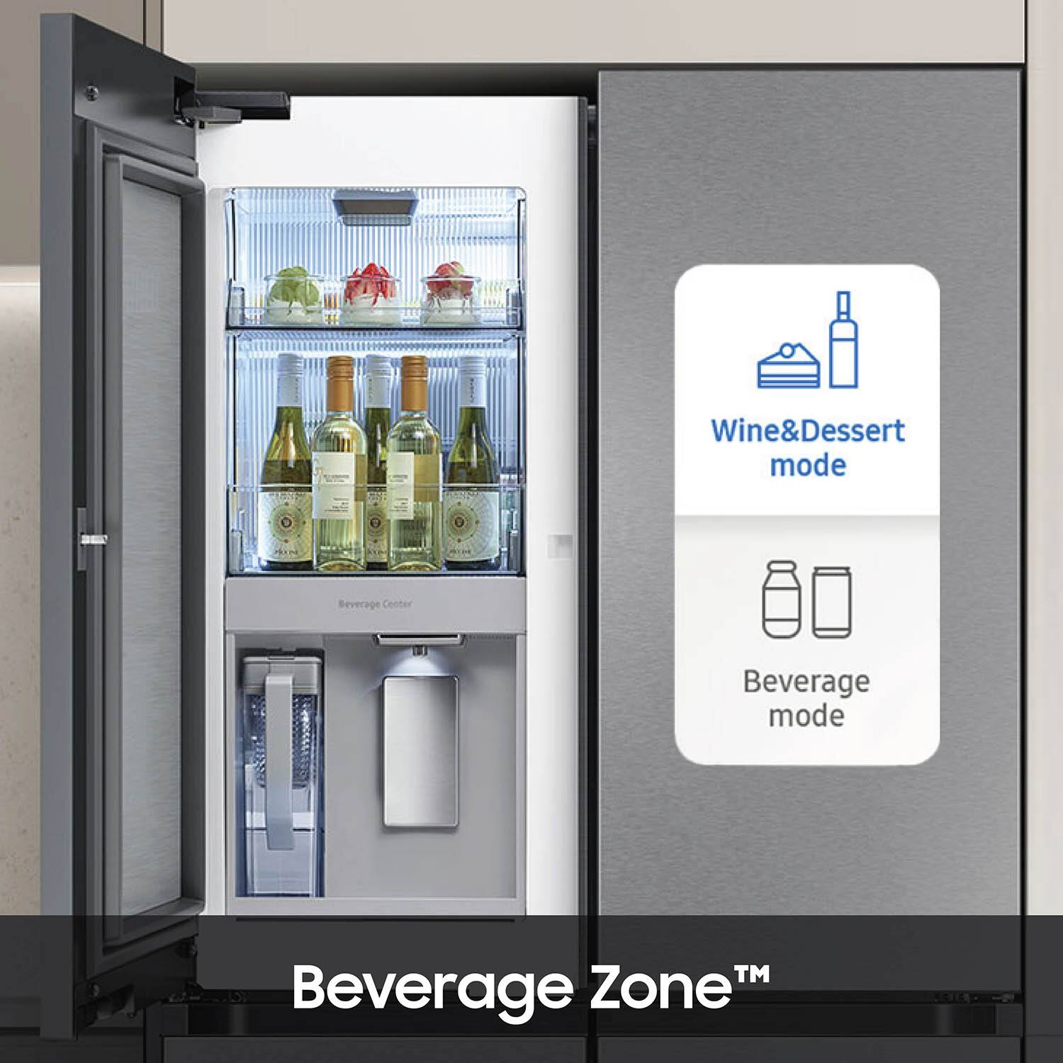 The image features a wine and dessert mode beverage center with a refrigerator door open, revealing a variety of wine bottles and desserts. The refrigerator is designed to store and display wine bottles and desserts, making it a convenient and stylish addition to any kitchen. The Beverage Zone is a trademarked feature that allows for easy access to both wine and desserts, providing a seamless experience for users.
