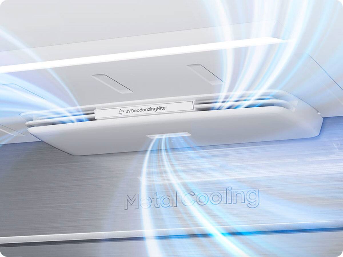 The image features a white appliance with a deodorizing filter and a UV metal cooling system. The appliance has a sleek design and is likely used for cooling purposes.