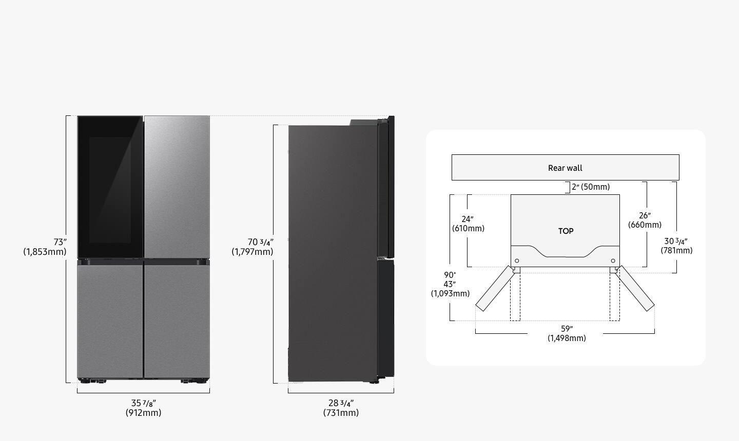 The image shows a diagram of a refrigerator with dimensions and measurements. The refrigerator is categorized as a Full Size Refrigerator. The dimensions include a height of 70 3/4" (1,797mm), a width of 24" (610mm), and a depth of 30 3/4" (781mm). The refrigerator also has a top, which is 26" (660mm) high, and a bottom, which is 90 43" (1,093mm) high. The refrigerator is 35 357/8" (912mm) wide at the bottom.