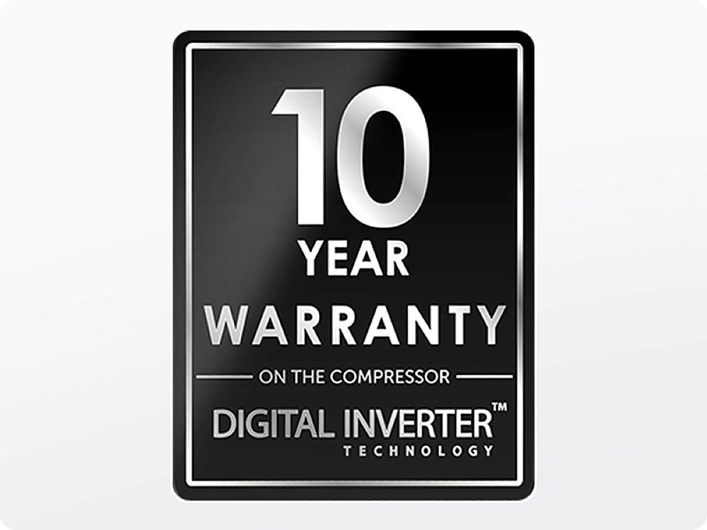 The image features a 10-year warranty on the compressor, which is part of the Digital Inverter Technology. The warranty is a symbol of the company's commitment to quality and reliability.