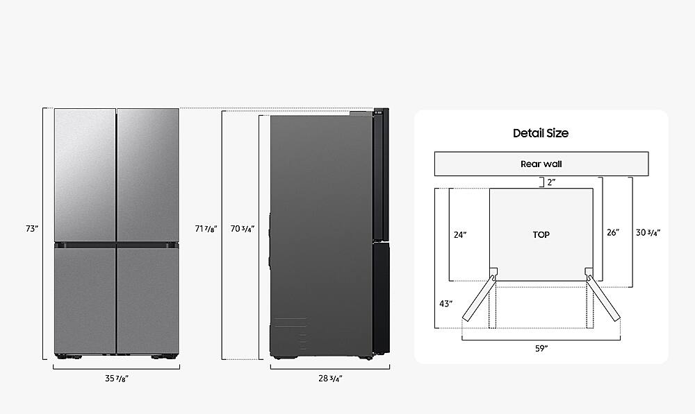 The image shows a refrigerator with a detailed size chart. The refrigerator is 73 inches tall, with a rear wall height of 717/8 inches. The top is 26 inches high, and the bottom is 303/4 inches tall. The width of the refrigerator is 59 inches, and the depth is 357/8 inches. The refrigerator is 35 inches deep.
