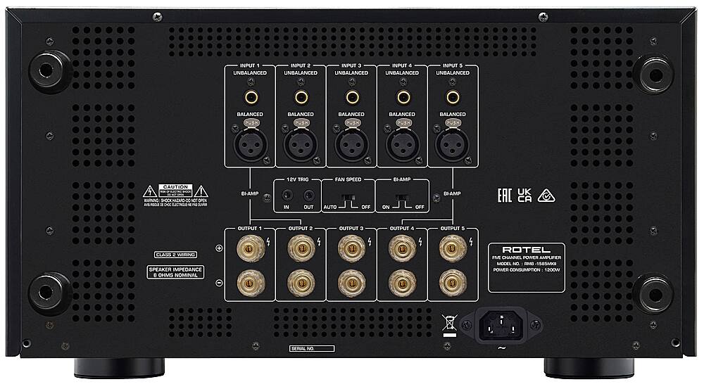 The image shows a black electronic device with a diagram of inputs and outputs. The device is a five-channel power amplifier, model number AMB-1585MK. It has a power consumption of 1200W and is designed for class 2 wiring. The amplifier has a speaker impedance of 8 Ohms and is suitable for use with 12V trigger in and out, fan speed auto off, and bi-amp on/off. The device also features a bi-amp UK EAC wiring and has a caution not to open it. The amplifier has five output channels, labeled as output 1 through output 5.