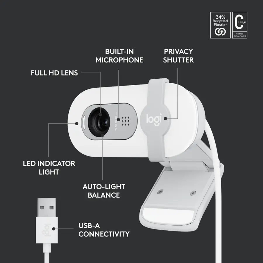 Built-in privacy microphone shutter Full HD lens 1080p USB-A connectivity Auto-light balance LED indicator light