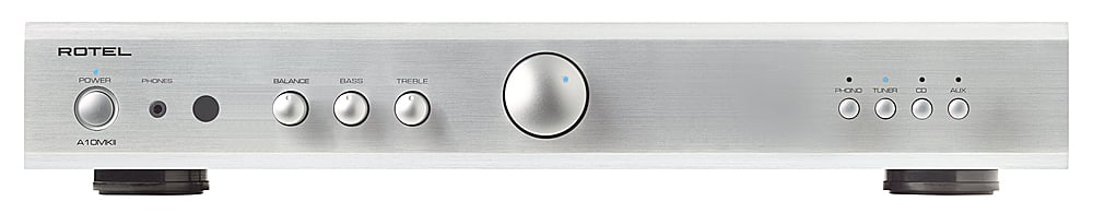 The text on the image reads "ROTEL POWER PHONES BALANCE DASS THE FUSE FONO TUNER 8 ALX A10MKI." This text is likely a description of the electronic device, which is a stereo amplifier with a tuner and balance control. The device is made by the company ROTEL and is designed to enhance the sound quality of audio systems.