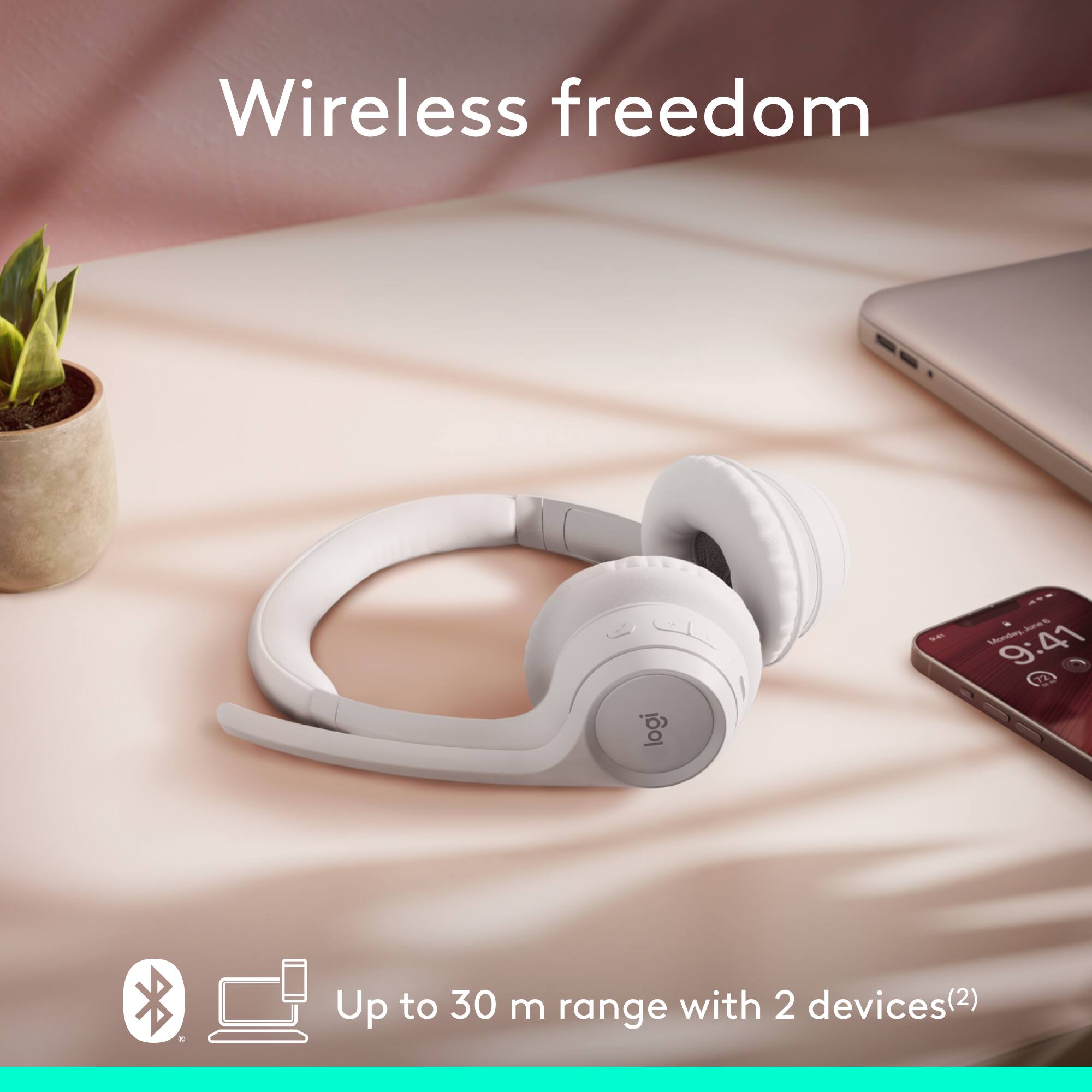 Wireless freedom with Logitech headphones. Up to 30 meters with 2 devices.
