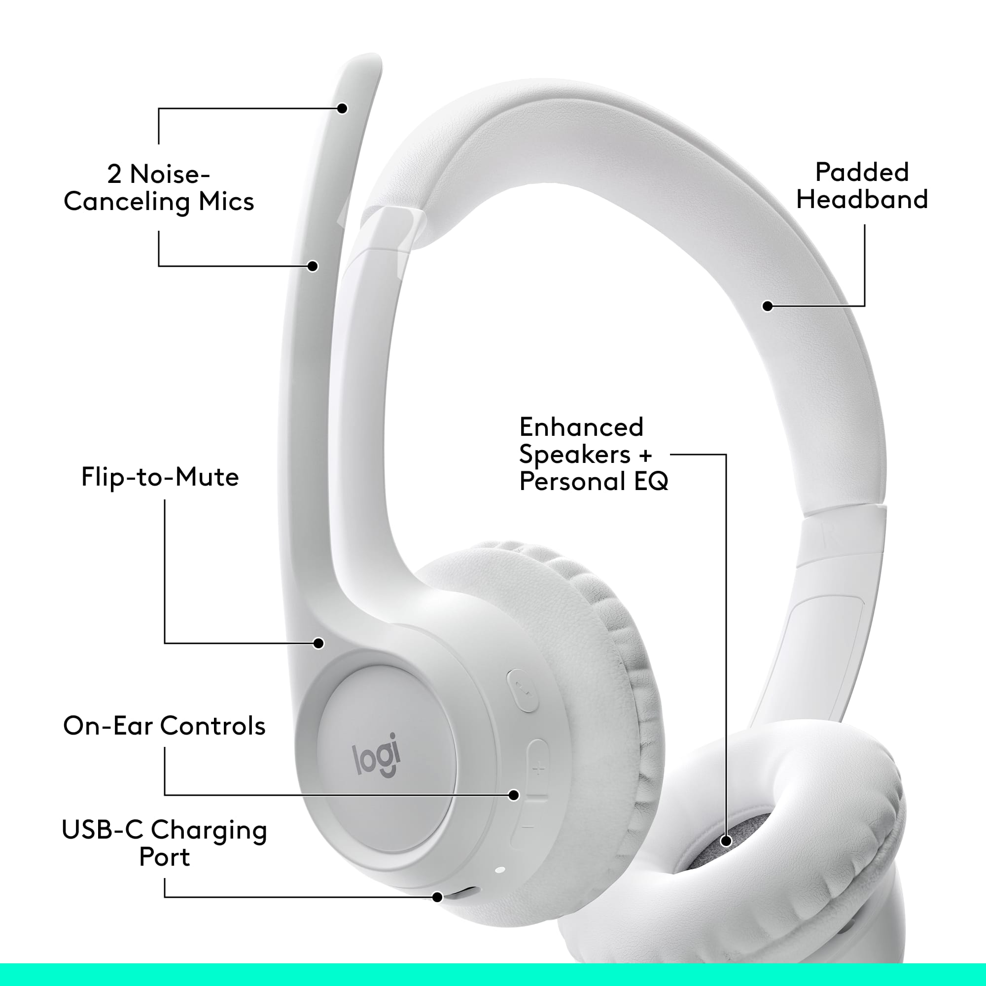 The image shows a pair of white headphones with a padded headband and a flip-to-mute feature. The headphones also have enhanced speakers and a personal EQ for customizable sound. Additionally, the headphones have on-ear controls and a USB-C charging port. The headphones are made by Logi.