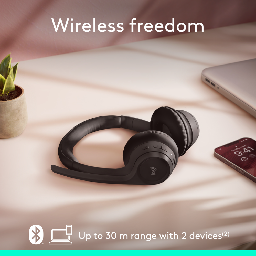 Zoom in on Wireless freedom Logitech wireless headphones. Up to 30 meters range with 2 devices.