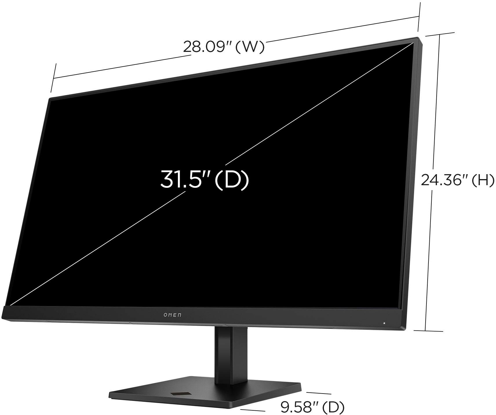 The text on the image reads: "28.09" (W) 31.5" (D) 24.36" (H) ONEN 9.58" (D)."

To group and correct the text, we can rephrase it as follows:

* The width of the monitor is 28.09 inches.
* The diagonal length of the monitor is 31.5 inches.
* The height of the monitor is 24.36 inches.
* The monitor is made by ONEN.
* The depth of the monitor is 9.58 inches.