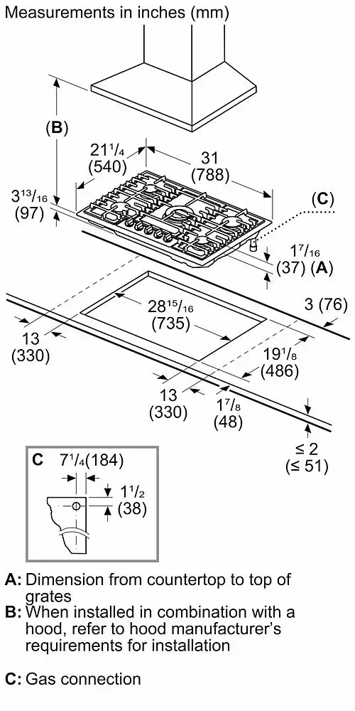 Measurements in inches (mm) (B) 313/16 (97) 211/4 (540) 31 (788) (C) 17/16 (37) (A) 2815/16 (16) 3 (76) (735) 13 (330) 191/8 (486) 13 17/8 (330) (48) VI 2 C 71/4 (184) (<51) 11/2 (38)

A: Dimension from countertop to top of grates
B: When installed in combination with a hood, refer to hood manufacturer's requirements for installation
C: Gas connection