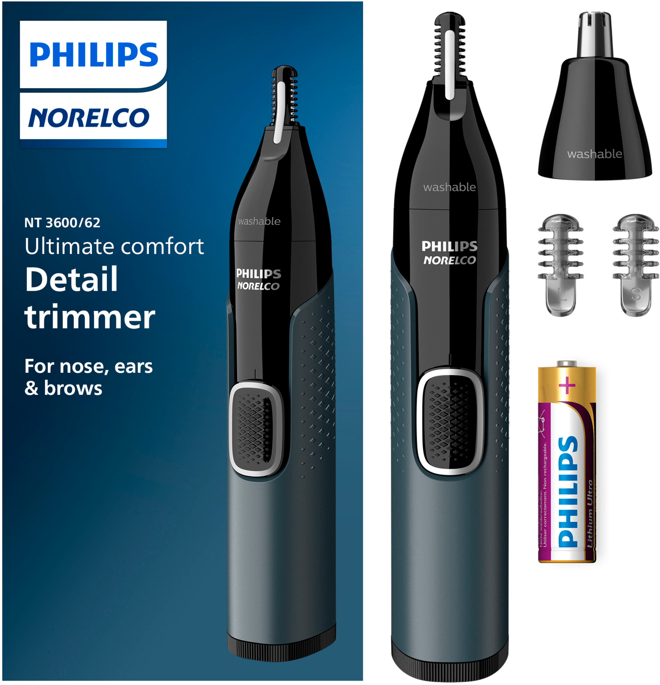 Angle View: Philips Norelco Nose Trimmer 3000, for Nose, Ears Eyebrows, NT3600/62 - Black