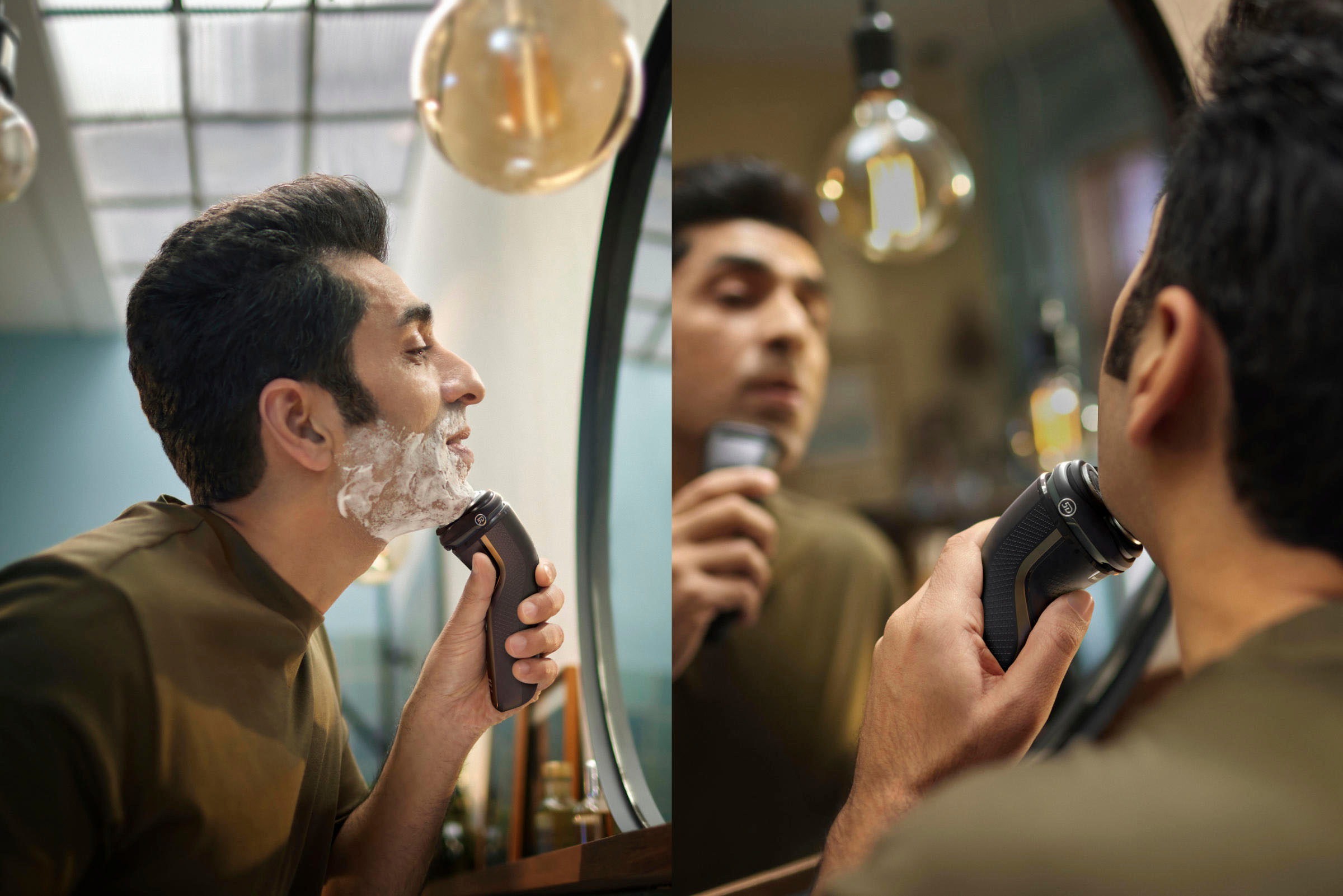Left View: Philips Norelco CareTouch, Rechargeable Wet/Dry Electric Shaver with Pop-Up Trimmer - Ash Gold