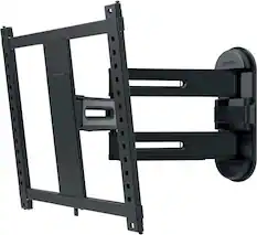 The image features a black SANUS monitor stand, which is designed to hold a flat screen TV. The stand is mounted on the wall, providing a secure and stable support for the TV. The stand is made of metal and has a sleek, modern design that complements the flat screen TV. The stand is adjustable, allowing for easy positioning and viewing angles.