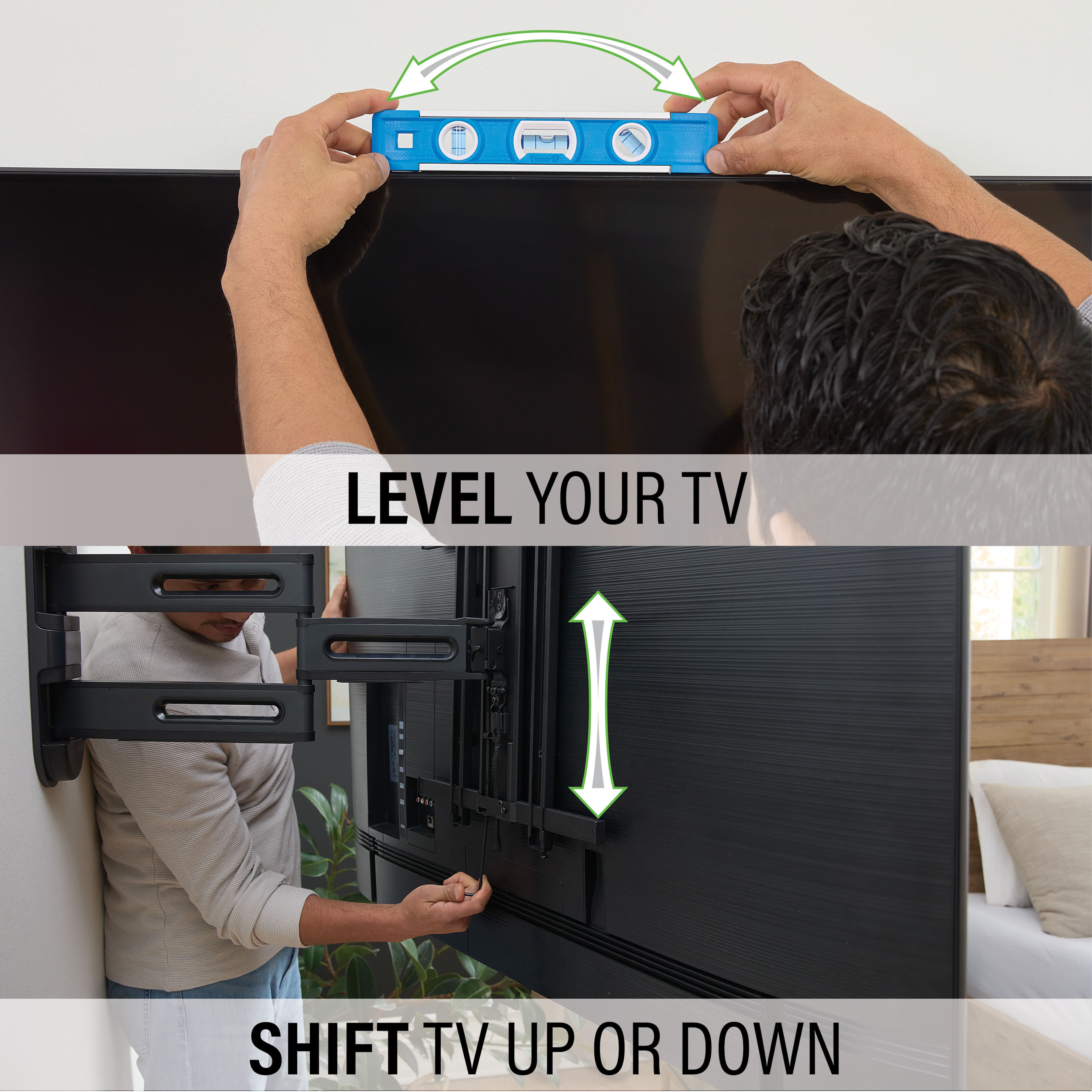 The image shows a man adjusting the position of a flat screen TV on a wall. He is using a leveler to ensure that the TV is properly aligned and level. The man is holding the leveler in his hand and appears to be carefully adjusting the TV to achieve the desired level. The image also includes a potted plant and a bed in the background, indicating that the room is a living space.