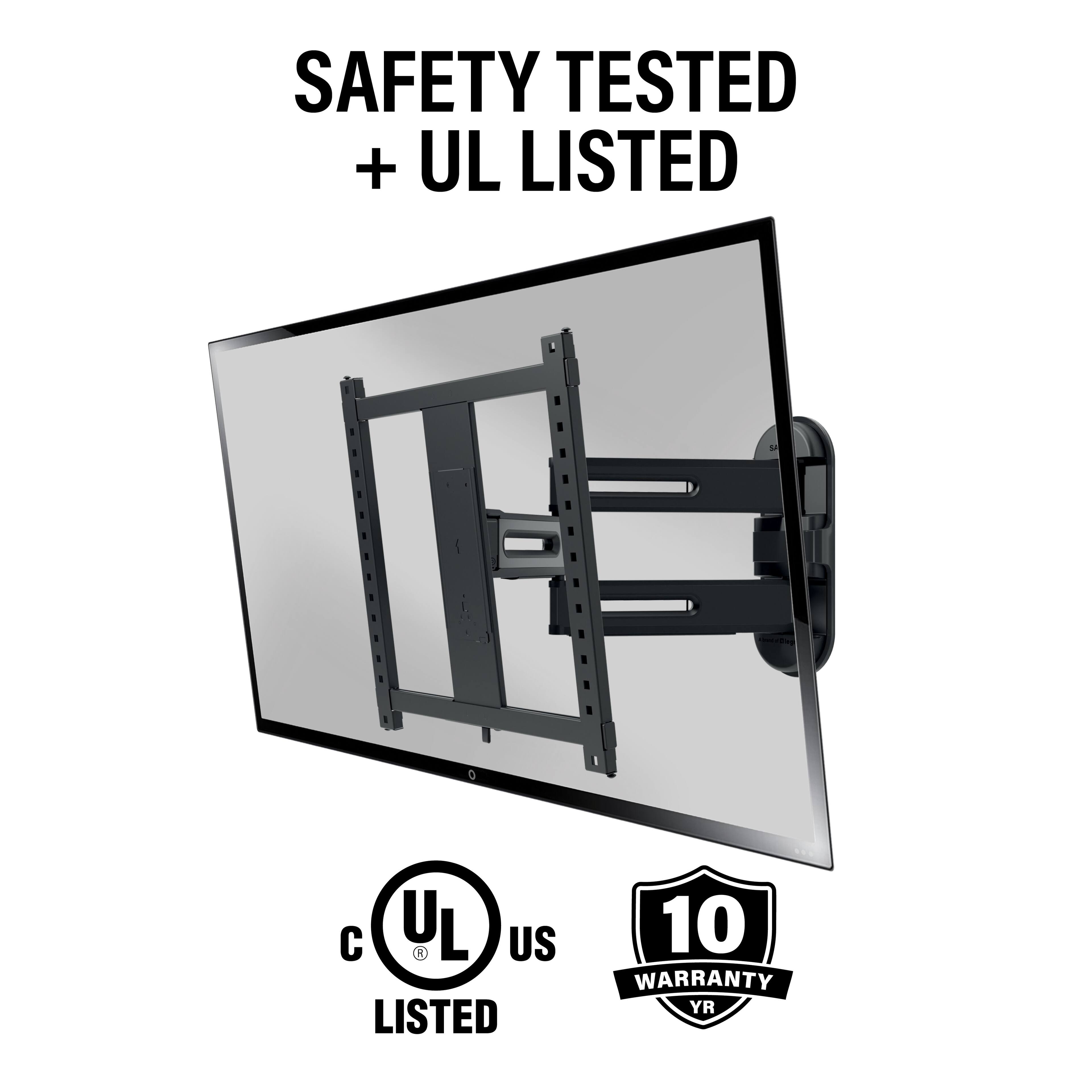 The image features a TV mounted on a wall with a black frame. The TV is described as being safety tested and UL listed, which indicates that it meets safety standards and has been certified by Underwriters Laboratories. The TV also comes with a 10-year warranty, providing peace of mind for the consumer.