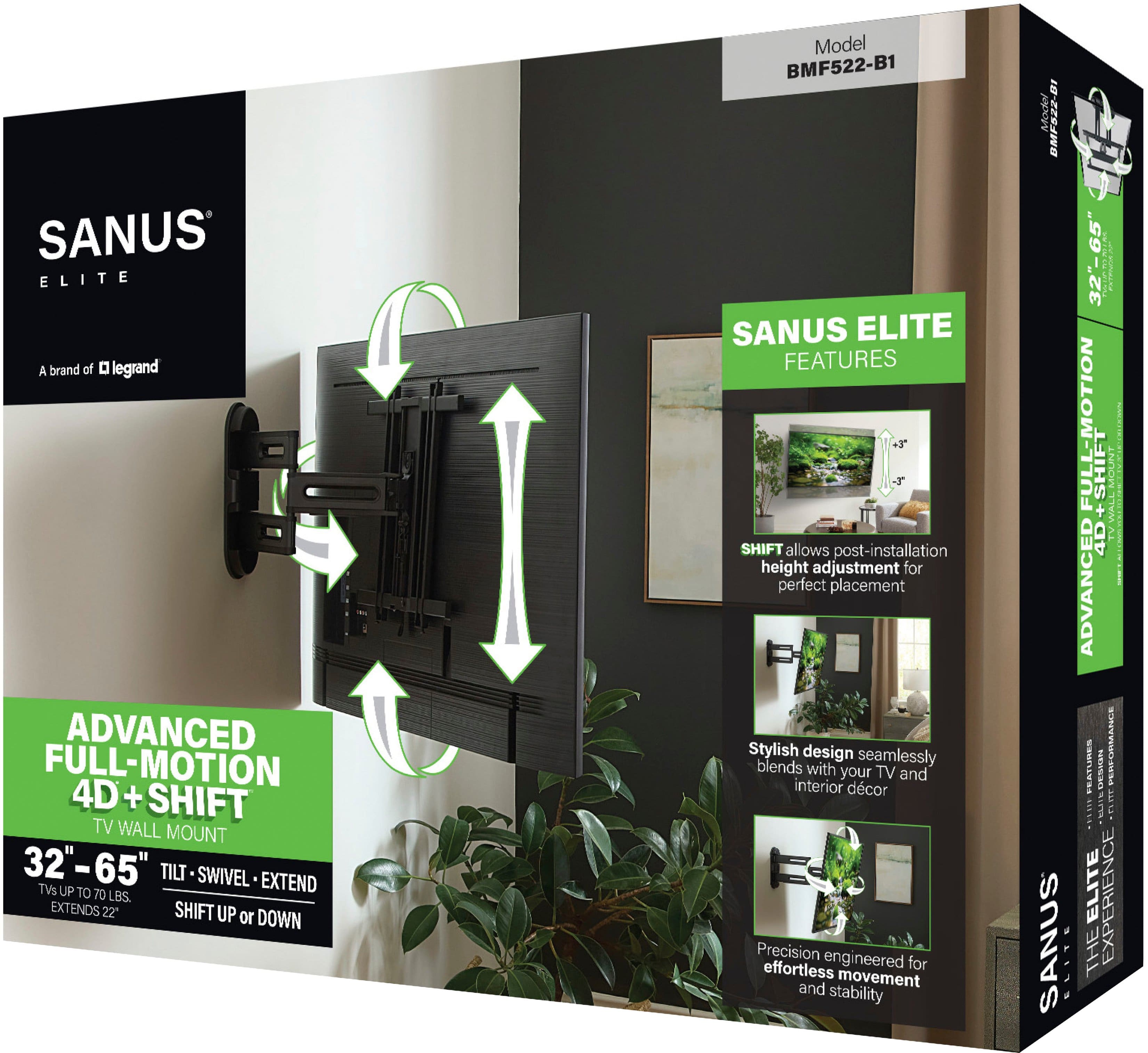 The image showcases a Sanus Elite TV wall mount, which is designed for 32-65" TVs and features a full-motion 4D+Shift technology. The mount allows for post-installation height adjustment, providing flexibility and convenience. The stylish design of the mount seamlessly blends with the TV and interior decor, and it is precision-engineered for effortless movement and stability. The box containing the mount is green and black, and it is placed next to a potted plant.