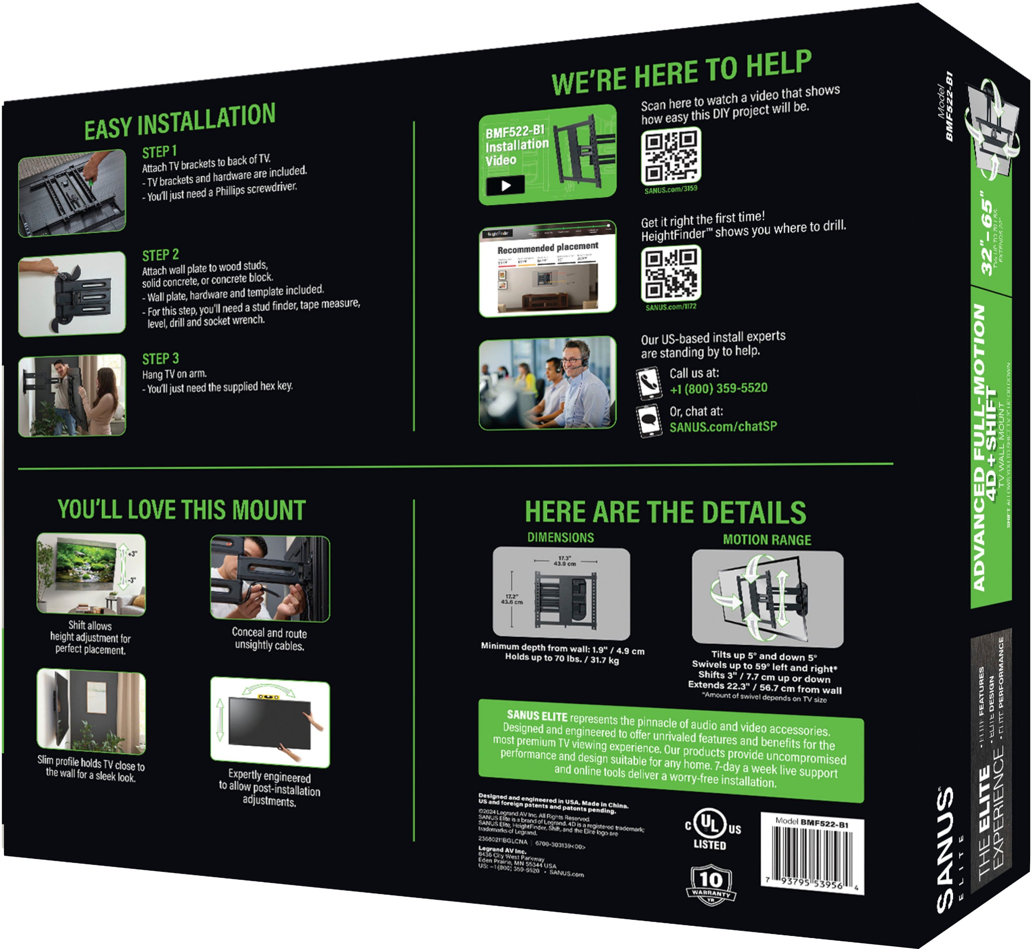 The box is black and features a green and white design. It contains a product that is easy to install and comes with a step-by-step guide, a template, and hardware. The product is designed to help with cable management and offers a perfect placement for the TV. The box also includes a video that shows the easy installation process. The dimensions of the product are 20.0 inches by 16.0 inches by 12.0 inches.