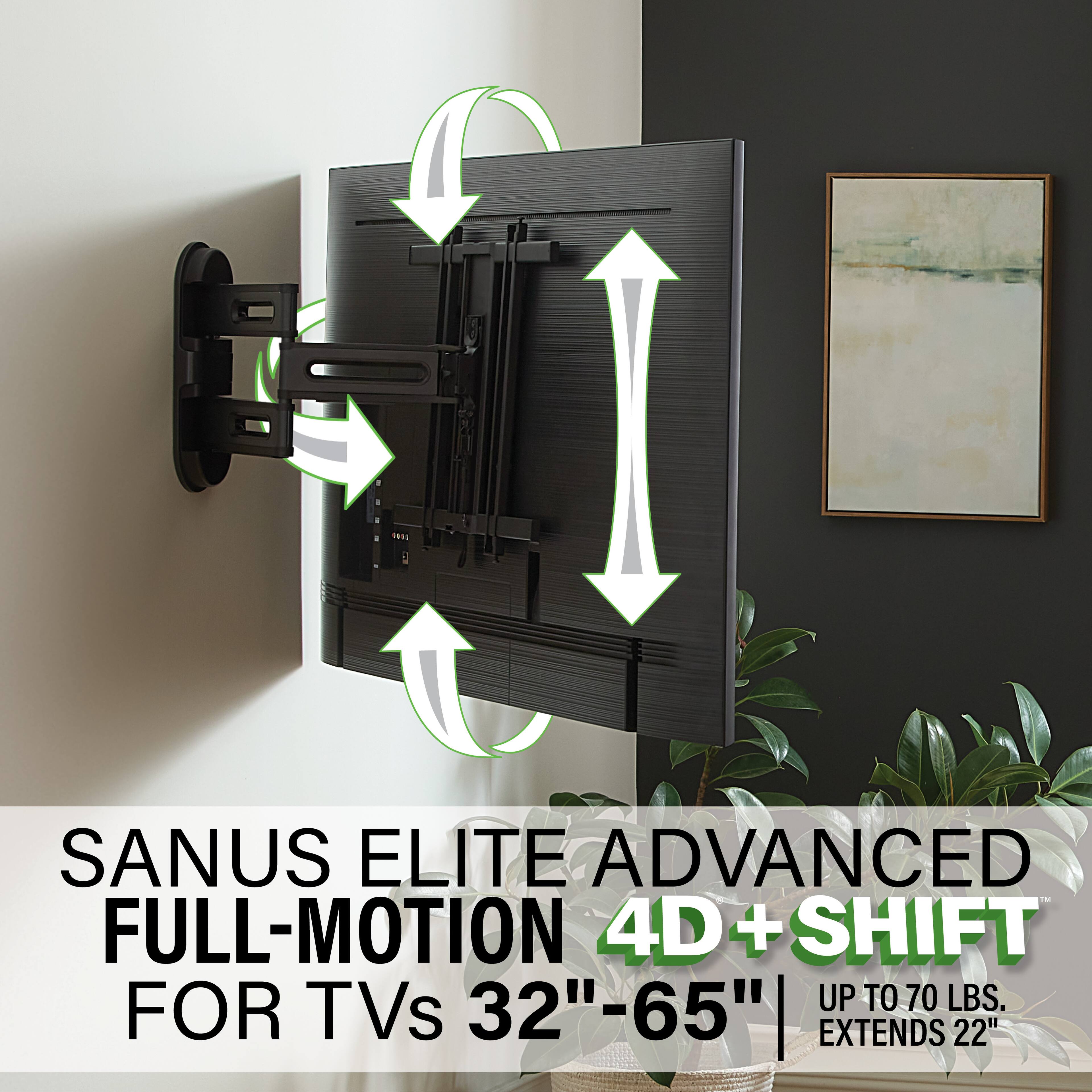 The image features a wall-mounted flat screen TV with a full-motion 4D+SHIFT system. The TV is mounted on a wall, and there is a potted plant nearby. The TV is described as a Sanus Elite Advanced Full-Motion 4D + SHIFT for TVs 32"-65" up to 70 lbs. The image also includes a picture of a TV mounted on a wall, and a potted plant is placed next to it.