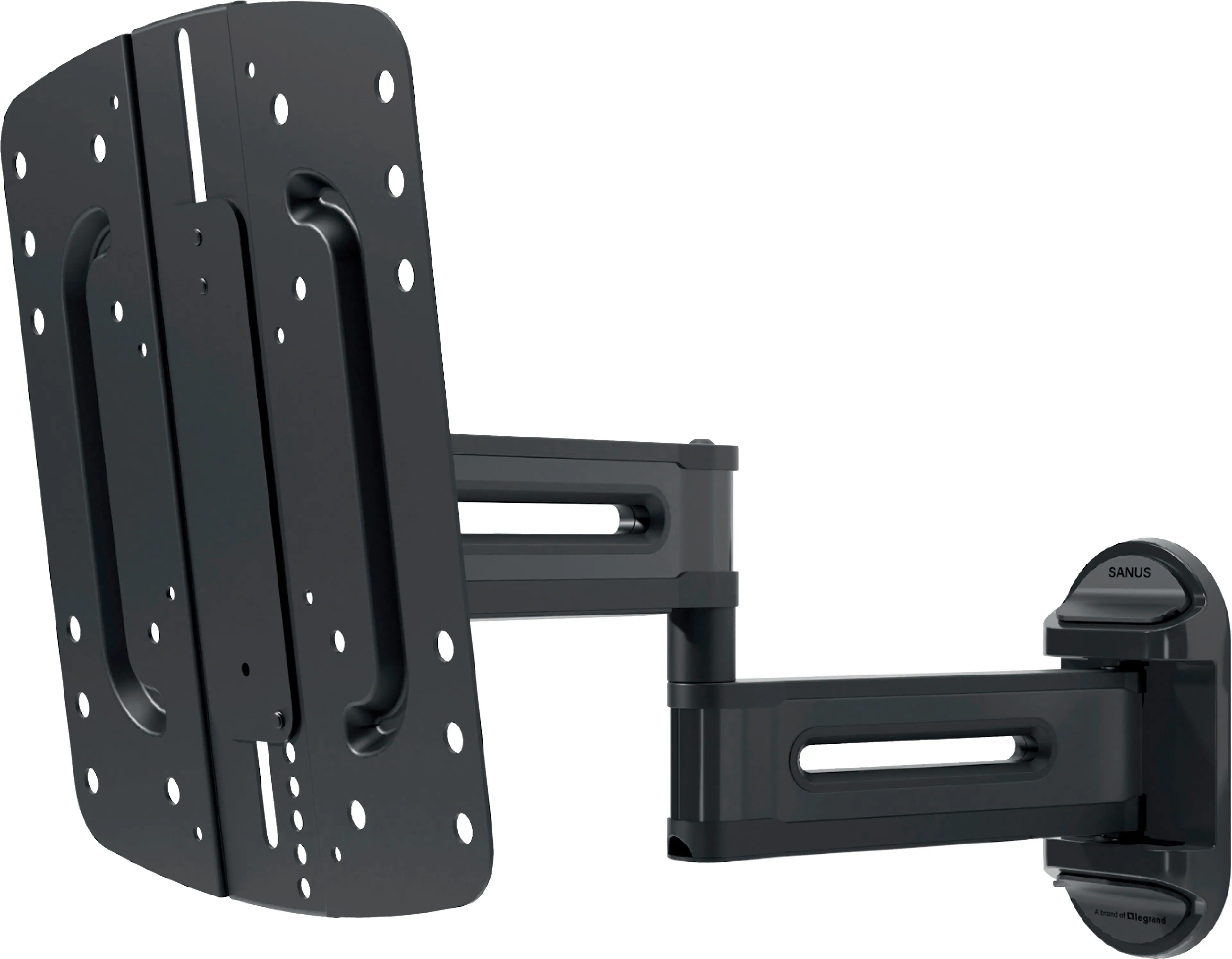 The image features a black TV mounting bracket, which is designed to hold a flat screen TV securely. The bracket is attached to a wall, and it appears to be a part of a larger system. The bracket is made of metal and has a sleek, modern design. The TV mounting bracket is positioned in front of a white background, which highlights its features and makes it stand out.
