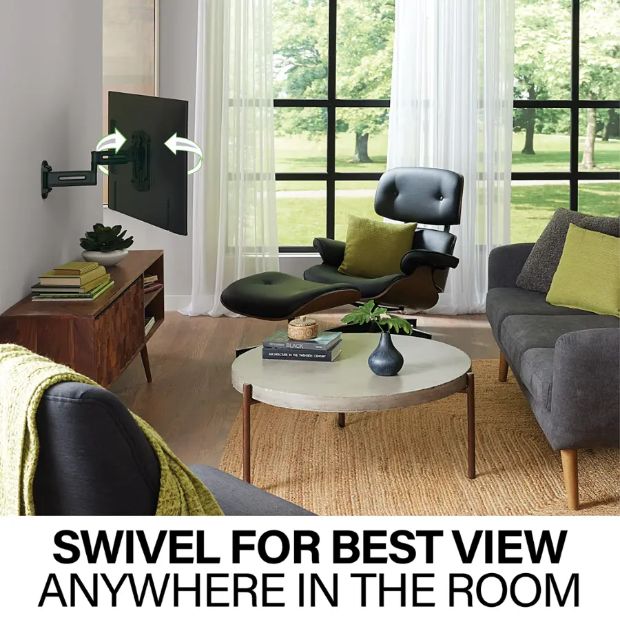 The image showcases a modern living room with a black chair, a couch, and a television. The television is mounted on the wall, and there is a large window nearby, providing a pleasant view. The room also features a coffee table with a potted plant on it, adding a touch of greenery to the space. The black chair is positioned in front of the television, making it a comfortable spot for watching TV. The couch is placed in the background, offering additional seating options for relaxation or socializing. Overall, the living room appears to be a cozy and inviting space, perfect for spending time with family or friends.