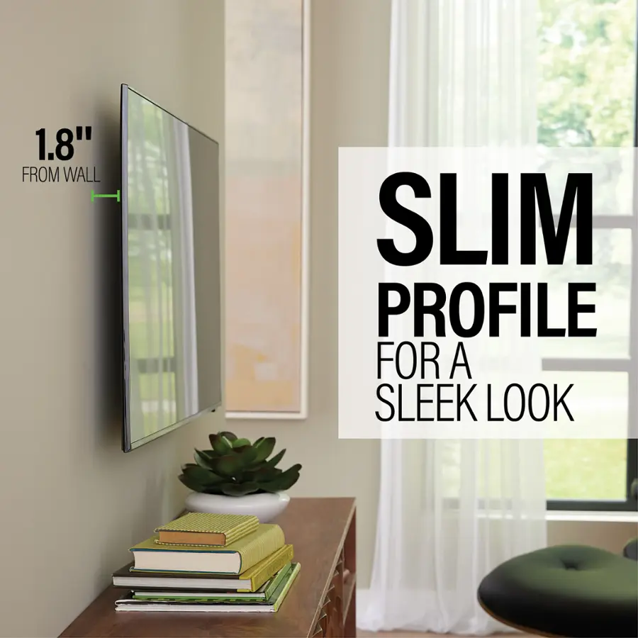 The image features a slim profile television mounted on a wall, with a potted plant and a stack of books placed nearby. The television is positioned close to a window, and the overall scene has a modern and minimalist aesthetic. The text "1.8" FROM WALL SLIM PROFILE FOR A SLEEK LOOK" emphasizes the slim profile of the TV and its positioning in the room.