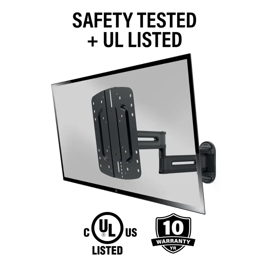 The image features a computer monitor with a safety sticker on it, indicating that it has been safety tested and meets UL standards. The monitor is also listed with a 10-year warranty, providing peace of mind for the user.