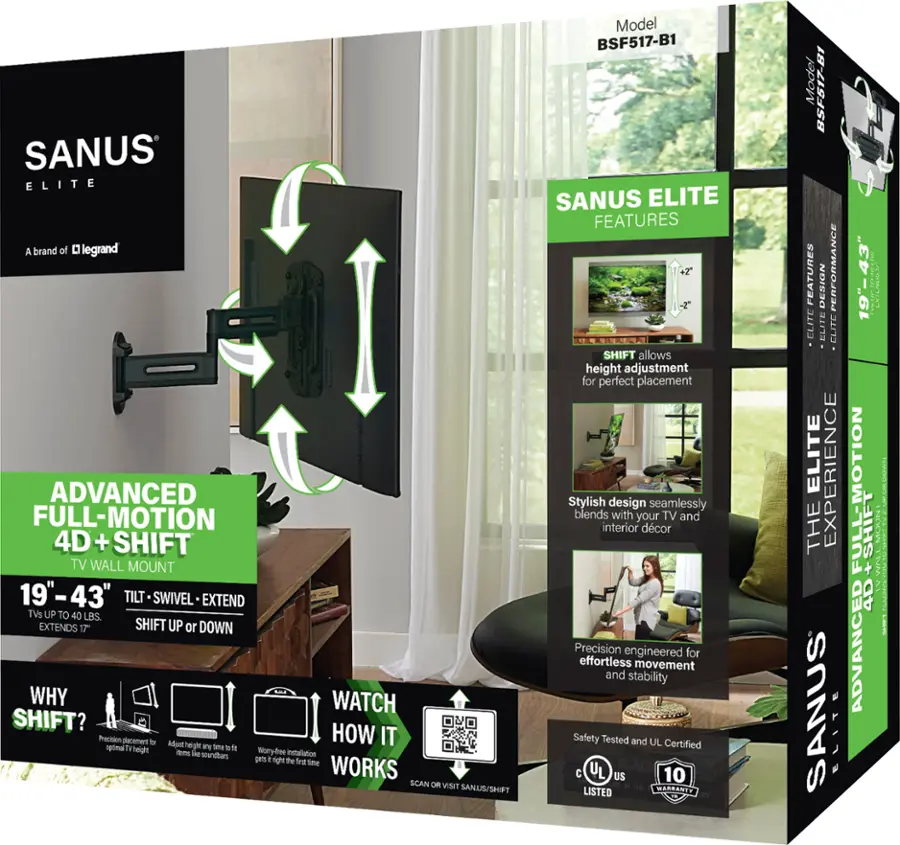 The image showcases a Sanus Elite advanced full-motion 4D+ shift TV wall mount. The mount is designed for televisions ranging from 19 to 43 inches and features a tilt, swivel, and extend function. The product is safety tested and UL listed, ensuring that it meets high quality standards. The Sanus Elite is a stylish addition to any living space, allowing for effortless movement and stability while providing a perfect viewing experience.