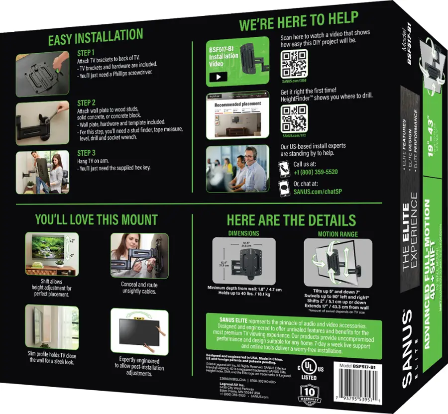The image features a black box with a detailed guide on how to install a mount for a TV. The box contains a step-by-step guide with illustrations and instructions for attaching brackets, attaching the plate to the wall, and adjusting the height. The box also includes a height finder, a template, and a socket wrench. The guide emphasizes the ease of installation and the convenience of post-installation adjustments. The box is labeled with the brand name "SANUS."