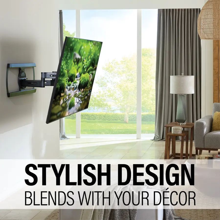 The image showcases a stylish design blending with your decor. The focal point of the room is a large flat screen TV mounted on the wall, which adds a modern touch to the space. The room also features a comfortable couch and a chair, providing ample seating options for relaxation and entertainment. The presence of a potted plant adds a touch of nature and freshness to the room, while the vase on the table contributes to the overall aesthetic. The combination of these elements creates a harmonious and visually appealing living space.