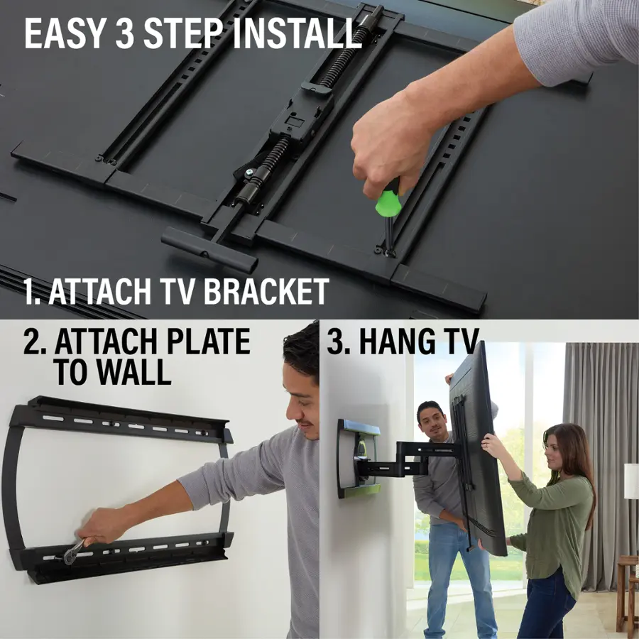 The image shows a man and a woman installing a flat screen TV on the wall using a TV bracket. The man is holding the bracket, while the woman is holding the TV. The process involves attaching the TV bracket to the wall, attaching the plate, and hanging the TV on the wall. This easy 3-step installation guide ensures a secure and stable mounting of the TV on the wall.