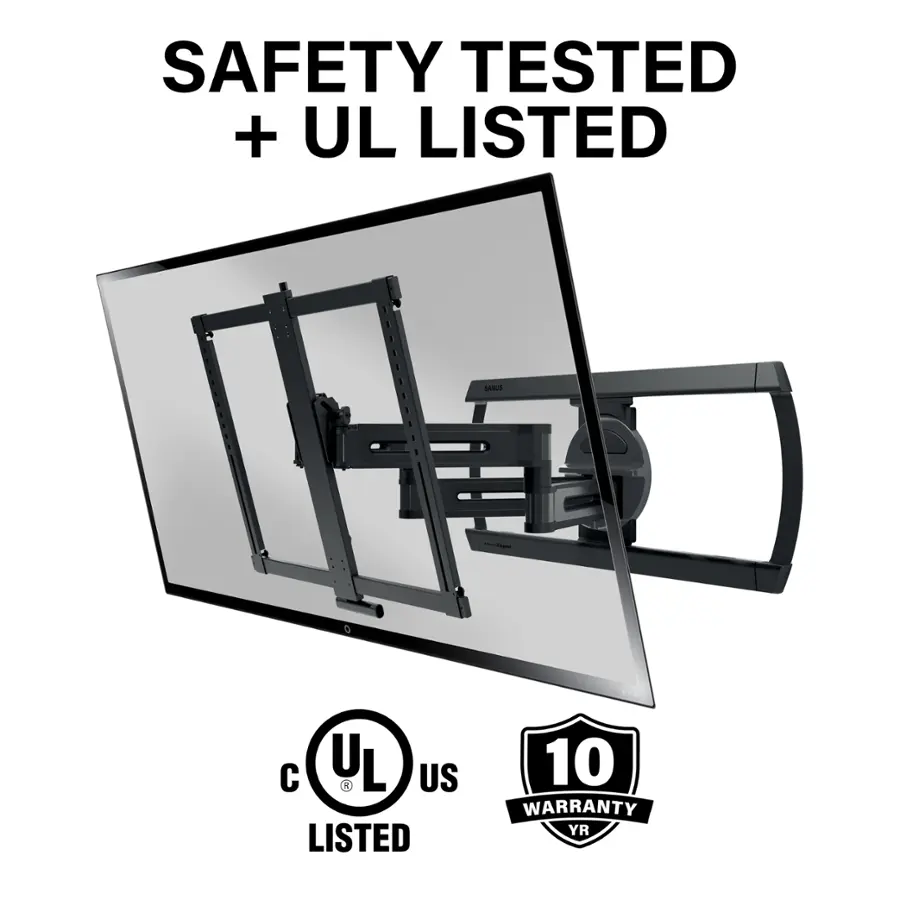 The image features a large flat screen TV mounted on a wall. The TV is safety tested and UL listed, ensuring that it meets safety standards and is suitable for use. The TV also comes with a 10-year warranty, providing peace of mind for the owner. The TV is mounted on a wall bracket, which is designed to securely hold the TV in place and provide a stable viewing angle. The wall bracket is also safety tested and UL listed, further ensuring the safety and reliability of the TV and its mounting system.