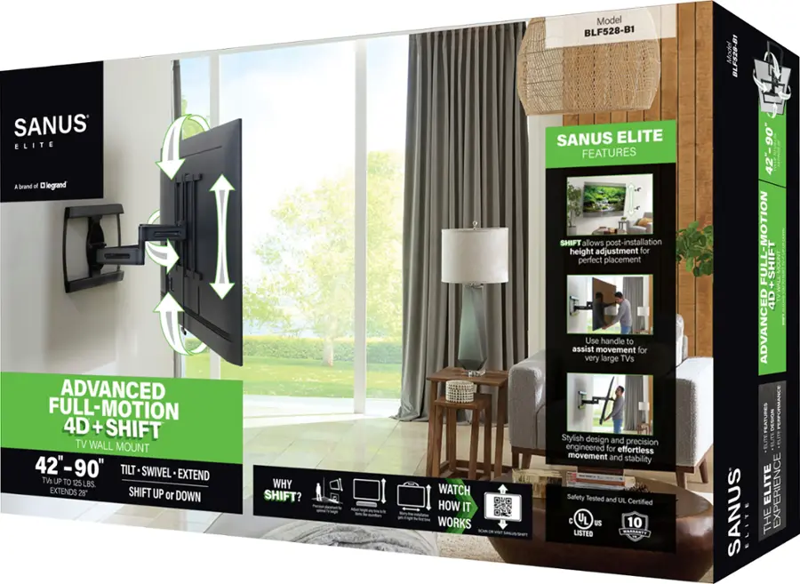 The image features a box for the Sanus Elite Advanced Full-Motion 4D + Shift TV Wall Mount. The box is black and green, and it showcases the features of the mount, including the ability to shift up or down for optimal viewing angles. The box also highlights the product's stylish design and precision engineering for effortless movement and stability. The Sanus Elite is designed for easy installation and allows for adjustable height placement for perfect positioning.